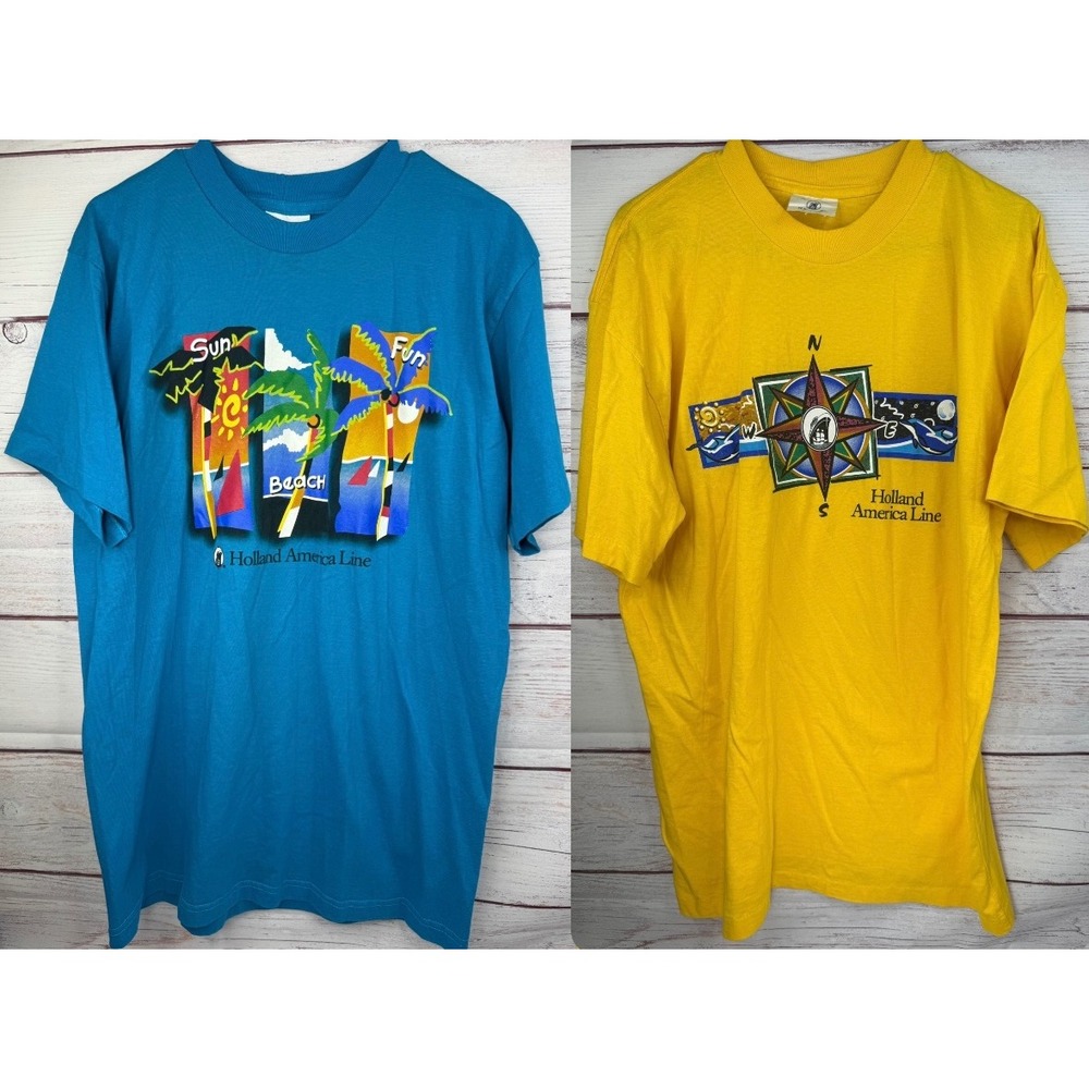 Lot of 2 Vintage Holland America Line T Shirts XL Yellow Blue Single Stitch Tee